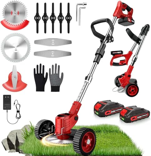 Rasentrimmer,24V Elektrischer Rasentrimmer mit 3 Arten von Schneidklingen,2Pcs 2000mAh Akku,4-in-1 Rasentrimmer Elektrisch für Elektro-Trimmer für Hof, Garten