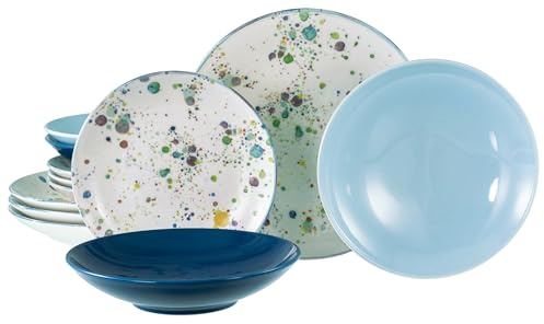 CreaTable, 24388, Serie Candy Drops Mix, 12-teiliges Geschirrset für 4 Personen, Teller Set aus Steinzeug, spülmaschinen- und mikrowellengeeignet, Qualitätsproduktion