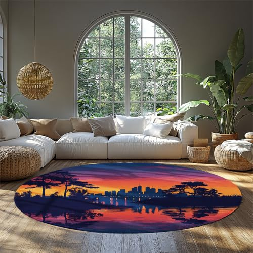 UERWOWELL Bunte runde Teppiche 180cm Sunset City Skyline und Bäume Silhouetten & Reflexionen Muster Dünner Kreisteppich für den Eintritt in die Waschküche