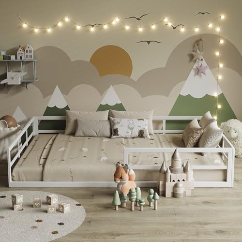 VitaliSpa Bodenbett Minno 140x200 cm, Montessori Kinderbett aus Metall mit Rausfallschutz und Matratze, Weiß