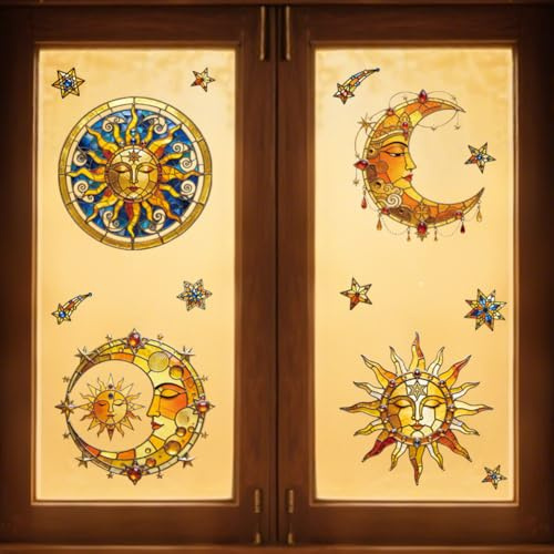 Peacoblue Fensteraufkleber 120x30cm,Sonne & Mond Fensterbilder Deko | Doppelseitiger statischer Fenstersticker selbstklebend,Wasserfest und abnehmbar für Klassenzimmer,Glasfenster Dekoration