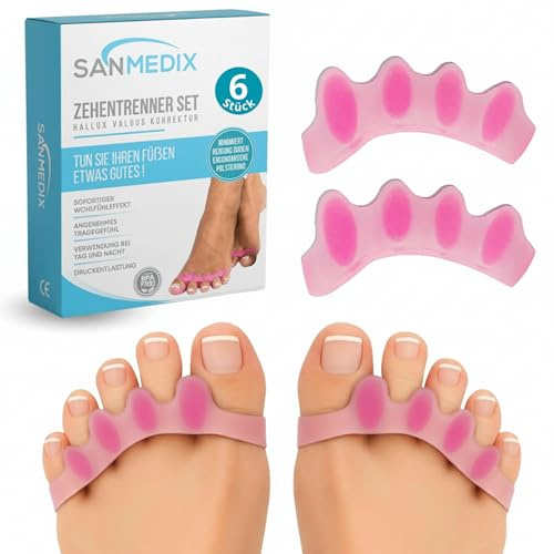 Sanmedix Zehenspreizer für alle Zehen - 3 Paar / 6 Stk. Zehentrenner Silikon, Hallux Valgus, 0% BPA Zehenstrecker für überlappende Zehen, Toe Spacer