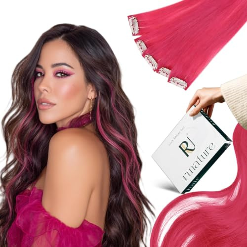 RUNATURE Real Hair Clip in Extensions Hot Pink 14in 25g 5Pcs | 5-Piece Hot Pink Clip Ins. Real Human Hair. Colour Stays Vivid.