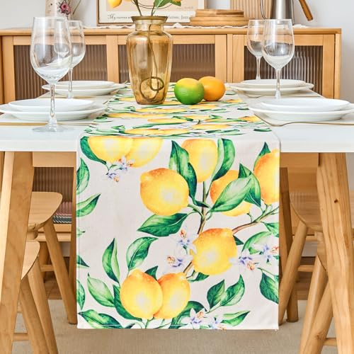 Tischläufer Zitrone Gelb 140x40, Tischläufer Frühling Sommer Modern Abwaschbar für Tischdeko Esstisch, Table Runner Landhausstil für Tisch Deko Alltag in Esszimmer Wohnzimmer Garten