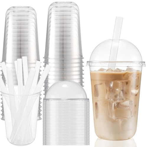 YEXEXINM 50 Pcs Plastic Smoothie Cups with Dome Lids and Straws, 16 Oz Strong Takeaway Cups Reusable Clear Plastic Cups for Milkshake Iced Tea Slusly and Bubble Tea