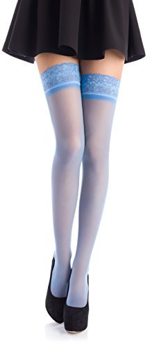 Romartex halterlose 20 DEN Elasthan Strümpfe mit schmalem Spitzenbund (4-6 cm), M, himmelblau