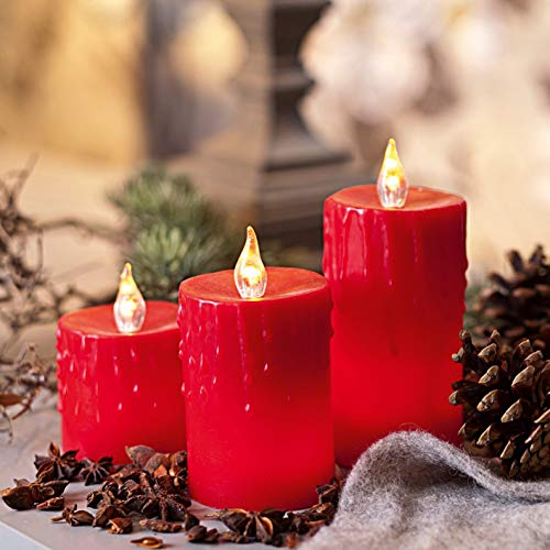 hellum LED Wachskerzen 3 Stück, Ø 6,5cm x 6,5+9,5+12,5cm hoch, LED Kerzen rot flackernde Flamme und Stecker, Echtwachs, Weihnachtsbeleuchtung Deko 571929