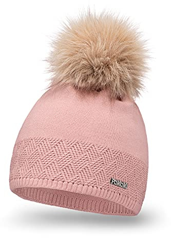 PaMaMi Damen Warme Winter Mütze | Rosa | Strickmütze mit Fellbommel | Kopfumfang 55-58 cm | Öko-Bommel