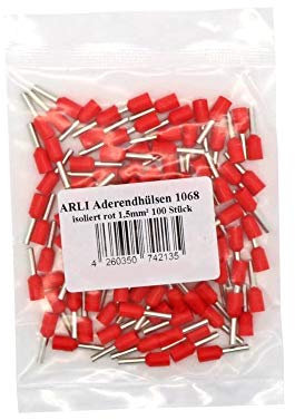 Aderendhülsen isoliert rot 100x 1,5mm² Aderendhülse zum crimpen mit Crimpzange Aderend Press Hülsen Stecker 1,5 mm Hülse kfz Draht Elektro Kabelschuhe 100 Stück ARLI