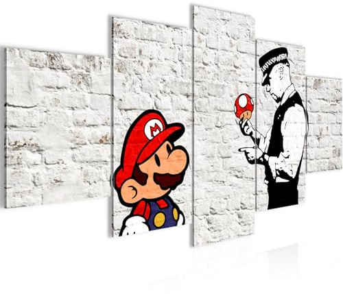 Runa Art - Bilder Mario and Cop Banksy 200 x 100 cm 5 Teilig XXL Wanddekoration Design Weiss Bunt 006551a