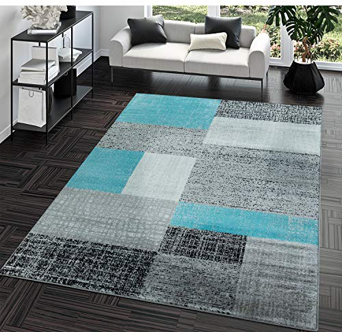 Kurzflor Teppich Preiswert Pflegeleicht Vintage Karo Muster Weiß Grau Türkis, Größe:160x220 cm
