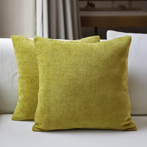Encasa XO Chenille Kissenbezüge Set von 2 | Olive - (20x20) (50x50 cm) | Dekorative Akzent Quadratische Wurfkissenbezüge Für Couch, Heimdekoration, Sofa