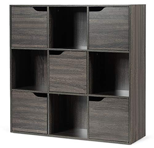 COSTWAY Bibliothèque Étagère de Rangement 9 Cases, Armoire de Rangement avec 4 Cubes Ouverts 28 x 28 cm, 5 Compartiments avec Porte, Meuble de Rangement pour Salon, Bureau, Chambre, Gris Foncé