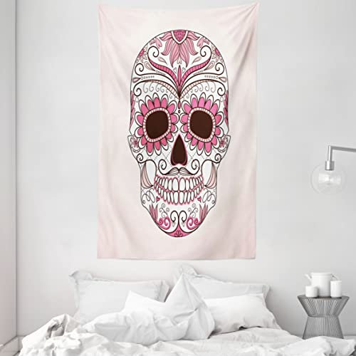 ABAKUHAUS Zuckerschädel Wandteppich und Tagesdecke, Mexican Ornaments aus Weiches Mikrofaser Stoff Waschbar ohne Verblassen Digitaldruck, 140 x 230 cm, Weiß Rosa