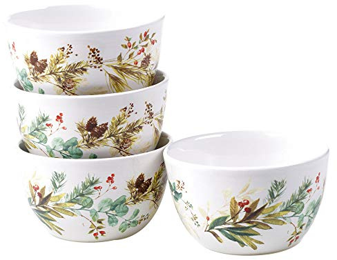 Christmas Story Ice Cream & Dessert Bowls – Set of 4 22 oz. Ceramic Holiday Bowls with Pinecone & Berry Winter Art – Festive Microwave & Dishwasher Safe Serving Bowls