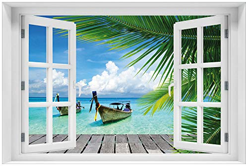 Wallario Glasbild 60 x 90 cm mit Fensterrahmen mit Fenster-Illusion: Sonnenboot in der Karibik - Wandbild mit freischwebender Optik