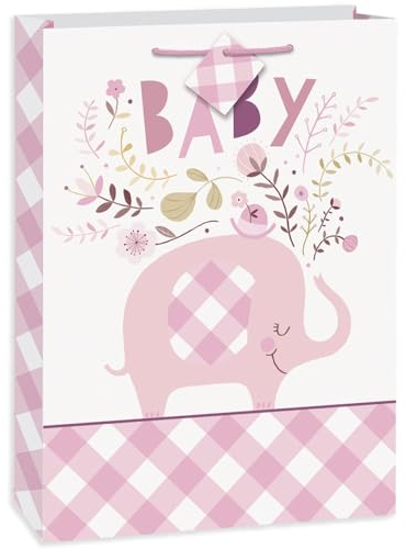 Unique 78388 Jumbo-Geschenktüte Baby, Papier, rosa Elefant, 1 Stück, Geblümt, rose