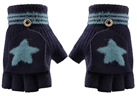 FakeFace Fäustlinge mit Knopf Klappe Fingerlose Halb Handschuhe für Kinder Winter Warm Strickhandschuhe Fingerhandschuh Winterhandschuhe 4-10 Jahre alt Jungen Mädchen (Navyblau-Star)