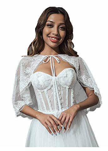 Unicra Braut Spitze Kleid Umhang Hochzeit Bolero Jacke Accessoires Weiß Spitze Braut Crop Top Umhang für Frauen und Brautjungfer (L,42)