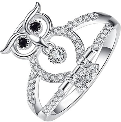 JewelryWe Schmuck Damen-Ring Elegant Glänzend Zirkonia Eule antik Vogel Ring Silber Geschenk für Jahrestag Valentinstag Verlobung Hochzeit Größe 59