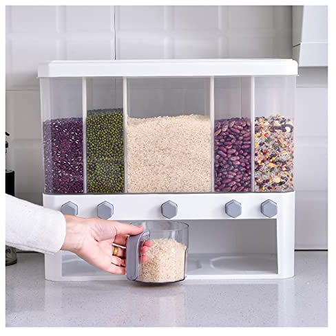AVLUZ 5-Grid Rice Dispenser, 15kg/33lb Dry Transparent Food Dispenser,Multi-Function Separate Grain Storage Container, Removable Partitions Airtight Dry Food Dispenser