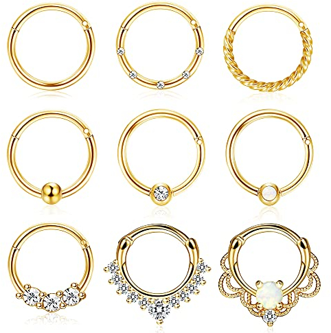 Kakonia 9stk Septum Piercing Chirurgenstahl für Damen Herren 16G Zirkonia Nasenpiercing Ring Tragus Daith Helix Piercing Ring Opal Septum Piercing Set 8MM 10MM
