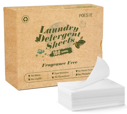 Poesie Laundry Detergent Sheets Fragrance Free Non-Plastic Precut Zero Waste 160 Count Liquidless Washing Strips for Home Dorm Travel Camping Hiking Portable