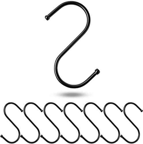 S-Haken zum Einhängen, 8 Stück, in Schwarz, Metallhaken für bis Ø 32 mm Stangen, Länge 85 mm, S Haken für Küche, Kleiderstange, Garage, Topf, Pfanne, Tasse, Hängehaken, Küchenhaken, Doppelhaken Set