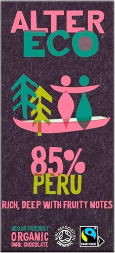 Alter Eco 85% Peru Dark Chocolate Bar, Organic & Fairtrade Vegan 1 x 100g | Vegan Friendly, Organic and Luxury Fairtrade Chocolate, Single Low Sugar Chocolate Bar, GMO Free