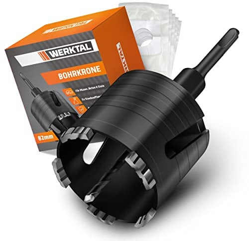 WERKTAL - Bohrkrone 82mm SDS Plus [5 XXL Karbid Zähne] - Dosenbohrer für Unterputzdosen & Steckdosen in Mauerwerk, Stein, Beton, Trockenbau - Bohrkrone Steckdose mit 5 Staubbeuteln