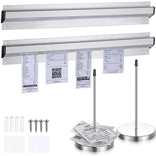 Photect 4 Stück Tickethalter Set für Restaurants, Silber, 15,8 x 2,3 Zoll | Inklusive 2 Edelstahl Beleghalter Zettelspießer, 2 Aluminium Schieberegalschiene für Cafés und Küchen