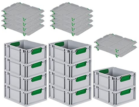 PROREGAL SuperSparSet 10x Eurobox NextGen Color mit Auflagedeckel & Schiebeschnappverschlüsse, HxBxT 17x30x40cm, 16L, Griffe grün geschlossen, Glatter Boden, Eurobehälter Transportbox