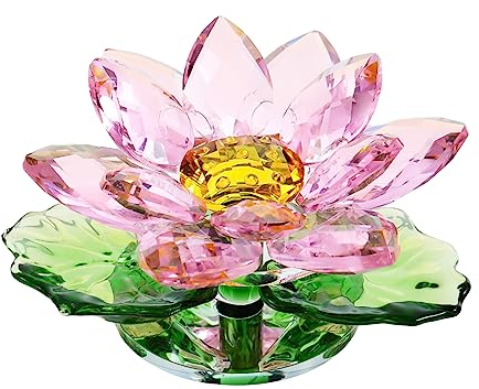 Movdyka Crystal Lotus Flower with Leaves Figurine Decorative Paperweights for Home Glass Art Floral Ornaments Gifts for Women Party Centerpiece (Pink)