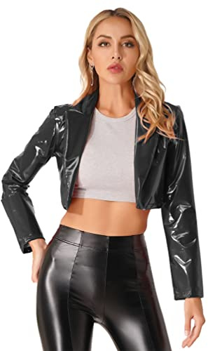 Jugaoge Damen Wetlook Bolero Kurz Vorne Offen Lack Leder Cardigen Strickjacke Bauchfrei Crop Top Jacke mit Revers Kragen Herbst Winter Oberbekleidung