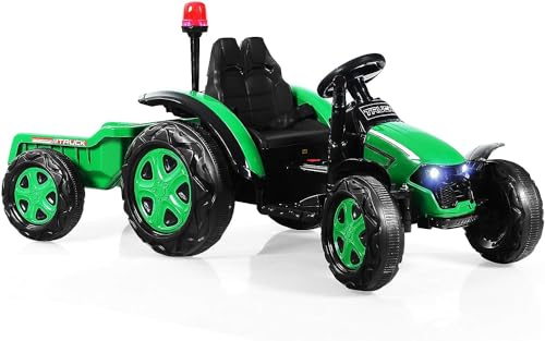 DREAMADE Elektro Traktor für Kinder, Kinder Traktor elektrisch mit abnehmbarem Anhänger & Fernbedienung, Trettraktor mit LED Lichtern, Musik, Hupe & USB, für Kinder ab 3 Jahre (Grün)