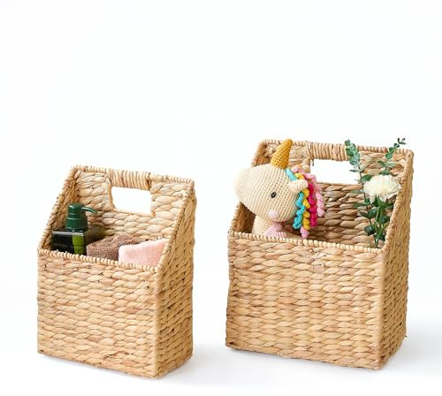 CHI AN HOME Set of 2 Hanging Storage Basket, Wicker Water Hyacinth Wall Hanging Basket with Handle for Mails, Files, Books, Plants or Accessories, Wall-Mounted Organizer for Bedroom, Kitchen, Office