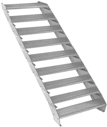 Verzinkter Stahl Treppe 9 Stufen | Erweiterbar mit zusätzlicher Gitterrost-Stufen & Höhenverstellbar | Wetterfest, Robust & Modular | für Außen Garten Terrasse | GRATIS Befestigungssatz [90cm breit]