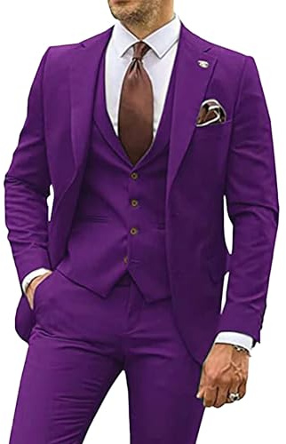Herren 3 Stück Casual Tuxedo Anzüge Kerbe Revers Slim Business Anzug Set Hochzeit Prom Party Blazer Jacke Weste Hose (Lila,L)