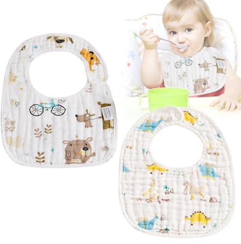 DHWEKU Babylätzchen aus 100% Bio-Baumwolle (2er-Pack) Lätzchen mit saugfähiger Frottee-Rückseite – Unisex-Babylätzchen mit verstellbaren Druckknöpfen – 0 bis 36 Monate