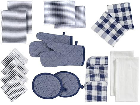 LANE LINEN Flour Sack Dish Towels Set - 20 Pc Kitchen Towel Set with Pot Holders and Oven Mitts,100% Cotton Kitchen Towels, Absorbent Dish Towels: Indigo