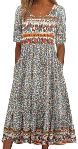 ABINGOO Robe D'été Femmes Manches Courtes Col Rond Bohème Chic Fleurie Imprimé Tunique de Plage Décontractée Midi (Fleur Jaune, M)