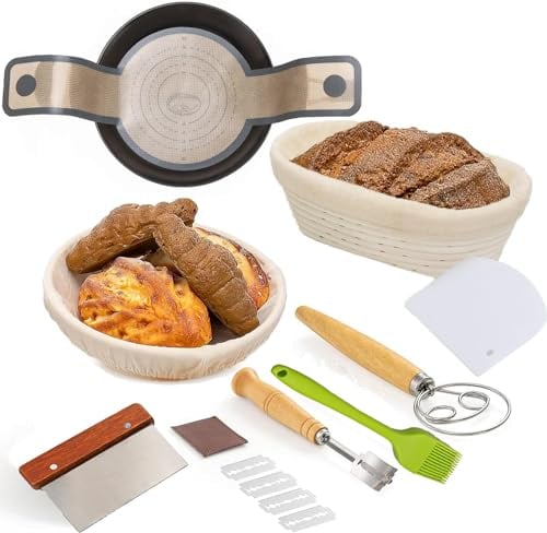 Sourdough Bread Baking Set, 25cm Oval & 23cm Round Banneton Bread Proofing Baskets, Silicone Bread Sling, Danish Dough Whisk, Dough Scraper Kit, Silicone Brush