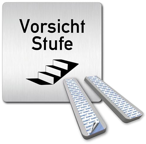 Türschilder24 XXL Schild - Türschild • 125 x 125 mm • Vorsicht Stufe • 1,5 mm Aluminium Vollmaterial • 100% Made in Germany (Vorsicht Stufe + Abstandshalter)