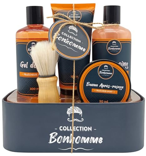 Coffret Homme Douche - Kit Complet Gel Douche, Shampoing, Crème de Rasage, Blaireau, Baume Apres Rasage Homme - Soin Corps, Visage - Senteur Fraicheur Sport - Entretien Barbe, French Tendance