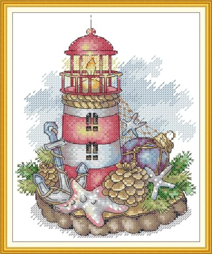 CaptainCrafts Cross Stitch Kits, Stamped Cross Stitch Preprinted Fabric DIY Art Embroidery Kits Needlework Crafts (Preprinted 11CT, Lighthouse)