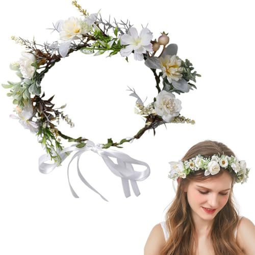 AWOGIPD Blumenkranz, Blumenkrone, Boho Braut Haarschmuck, Damen Blumenstirnband, Blumen Haarkranz mit Band Blumen Haarbänder Blumengirlande für Geburtstag Festival Hochzeit Mädchen