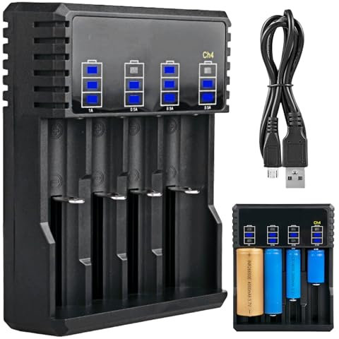 SPORWAY Akku Ladegerät, AA AAA Ladegerät mit LCD Anzeige, 4 Ladeplatz Universal Schnell Akkus Batterieladegerät, Akku Ladegerät für 3,7V Li-Ion Akku 18650 21700 18700 26650 22650 20700 16340 14500