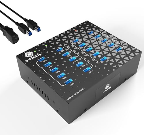 20 Port USB 3.0 Splitter Hub mit Netzteil - High-Speed-Datenübertragung für Desktop, Laptop, HDD, PC - Erweitern und Beschleunigen Sie bis zu 5 Gbit/s 110 W - Hub in Industriequalität, kompatibel mit