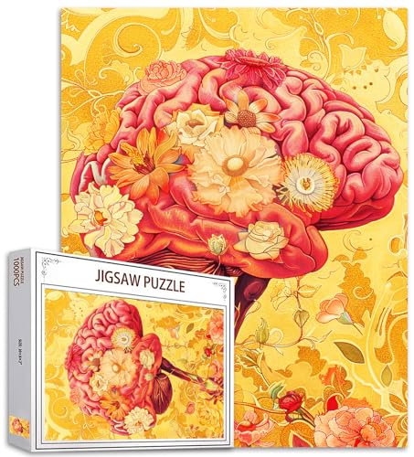 Golden Brain Jigsaw Puzzles für Erwachsene Floral Human Organ Puzzle 1000 Teile Herausforderndes Puzzle Perfekt Spieleabende DIY Home Wall Decor Anatomy Brain Blooming with Flowers Puzzles Art Gifts