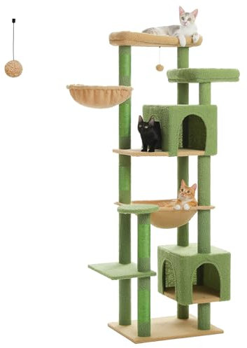 PAWZ Road Großer Kratzbaum, 175 cm mehrstöckiger Kratzturm, Katzenturm für große Katzen, Katzenhaus mit 5 Sisal-Kratzsäulen, 2 Katzentoiletten, Korb, Hängematte und Plüsch-Sitzstangen Grün